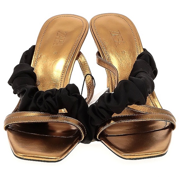 ZARA BLUE COLLECTION LEATHER RUFFLE HEELED SANDALS NWT - Picture 2 of 2